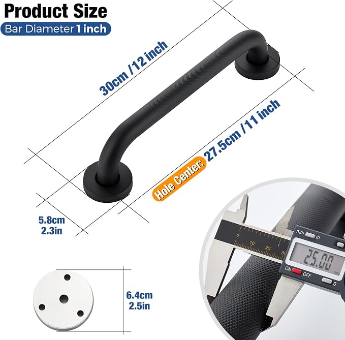 Grab Bars for Shower, 12 Inch Shower Handle, 2 Pack, Matte Black | Grab Bars for Bathroom, Knurled Anti-Slip Grip, 11-Inch Hole Centers, 1-Inch Diameter, Wall-Mounted Support for Seniors