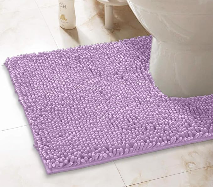 LuxUrux U-Shaped Toilet Bath Mat – Super Absorbent & Non-Slip Contoured Rug for Around Toilet, Soft Chenille, Machine Washable (20” x 23”, Lavender)