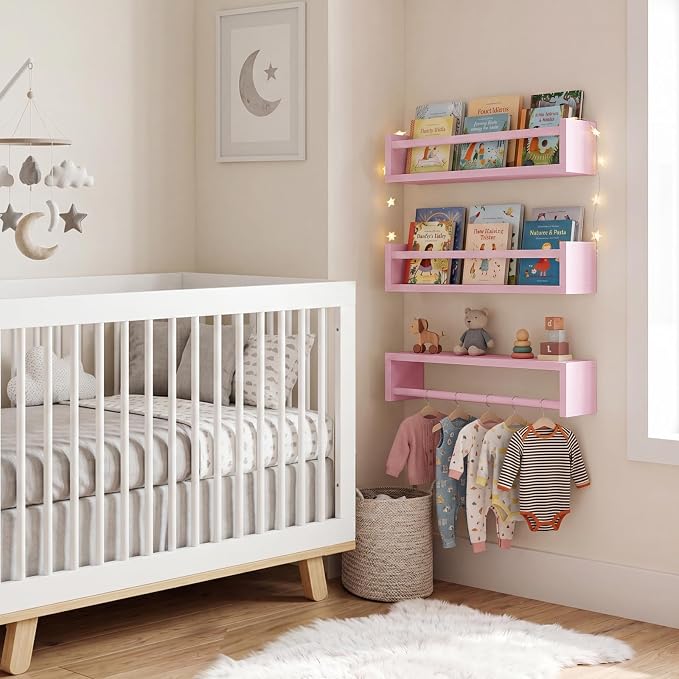 Fixwal Floating Nursery Book Shelves for Wall, 16.5in, Set of 3, Pink | Solid wood shelves store kids' books, toys and clothing. Fits kids' room, playroom, nursery, living room, bedroom & bathroom.