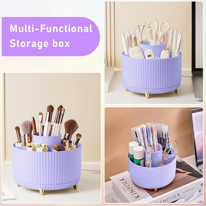Makeup Brush Holder Organizer,360° Rotating Makeup Brush Organizer,5 Slot Make up Brushes Cup for Cosmetics, Nail Polish, Art Supply, Bathroom Vanity Desktop Organizer - Purple