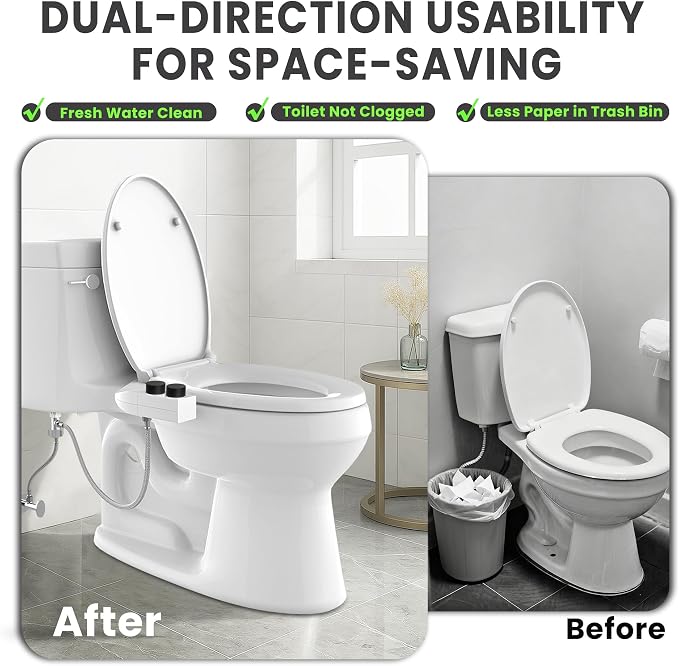 Toilet Bidet With Left/Right Side Reversible Design, Fresh Water, Non-Electric, Toilet Bidet Attachment, Right/Left Hand Side with Dual Nozzle, Self-Clean, Easy to Install (Black Knob)