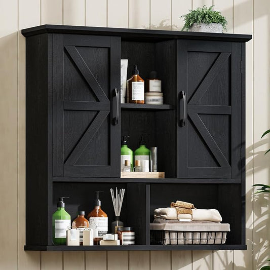 Vabches Bathroom Wall Cabinet, Farmhouse Medicine Cabinet with Double Barn Door and Adjustable Shelves, Wooden Vintage Storage Cabinet Wall Mounted for Bathroom, Kitchen Dining, Rustic Black