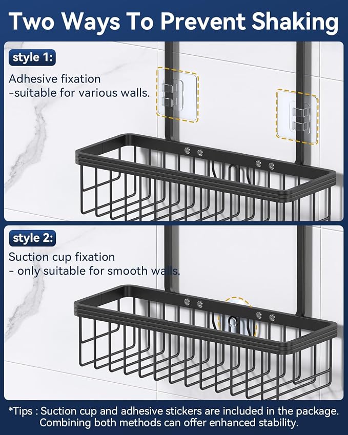 Never Rust Shower Caddy Hanging, Aluminum Shower Racks for Inside Shower, 2-Tier Shower Organizer Hanging Over Shower Head with Hooks and Soap Holder, Black