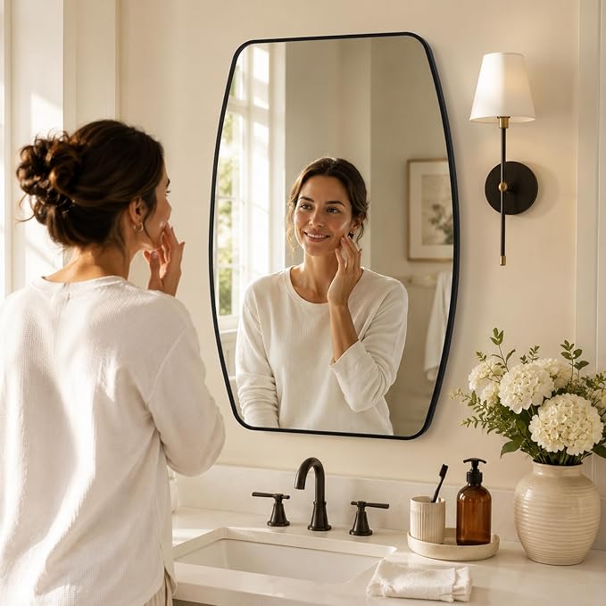 Matte Black Curved Rectangle Bathroom Mirror, 24x36 Inch | Aluminum alloy frame, tempered glass, two-way keyhole mount, for bedroom, entryway, hallway