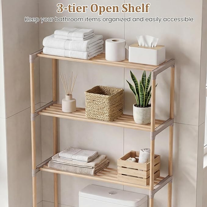 Giantex Over The Toilet Storage Shelf, 3-Tier Pine Wood Space-Saving Above Toilet Shelf Rack, Freestanding Over Toilet Bathroom Organizer for Laundry, Balcony, Restroom