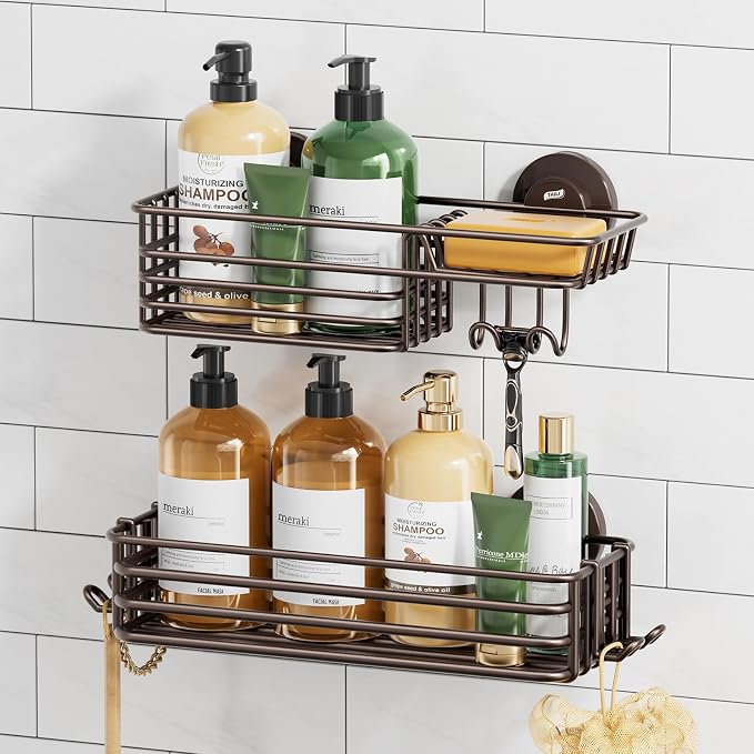 TAILI Shower Caddy Suction Cup 2 Pack with Hooks & Soap Holder, Brown | No Drilling Bathroom Organizer, Heavy Duty Shower Organizer, Metal Shower Basket
