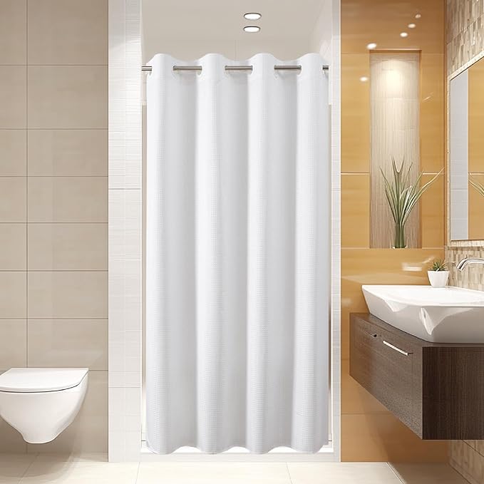 eachope No Hook Waffle Shower Curtain, No Liner Needed, 54x74 Inch, White | 100% waterproof TPU-laminated backing, magnetic weighted hem, machine washable, for bathroom, hotel, or shower stall use