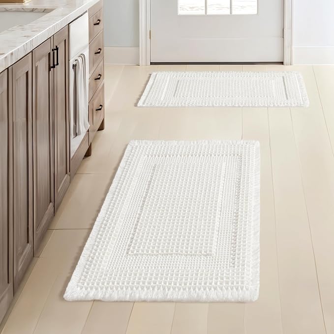 MIULEE Set of 2 Waffle Bathroom Rugs White Boho Bath Mat 17x24 in | Looped Design, Super Absorbent, Non Slip, Washable, Ultra Soft, Rubber Backed, Bathroom Mats for Floor Tub Shower