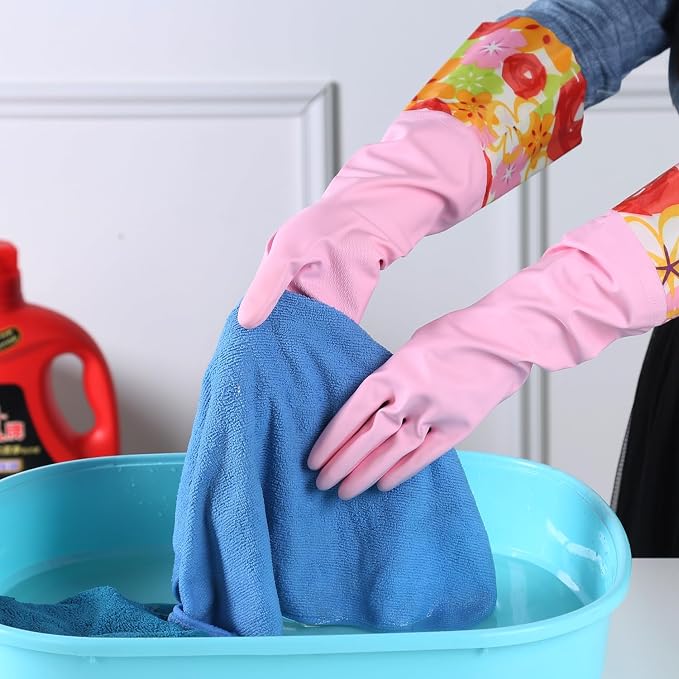 Bamllum 16-Inch Latex-Free Cleaning Gloves, Cotton Flocked Liner, Medium | Reusable Dishwashing Gloves with Long Cuffs and a Non-Slip Grip, in Pink and Yellow