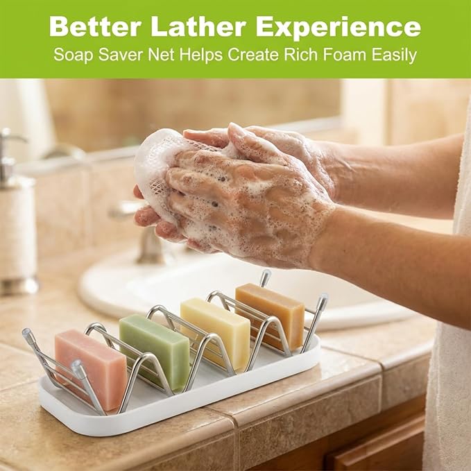 Wavy Soap Holder for Shower, 304 Stainless Steel Shampoo Bar Holder with Drainage Tray & Foaming Net for Shampoo Bar, Conditioner Bar, Kitchen Sink Countertop (3 Compartment Soap)