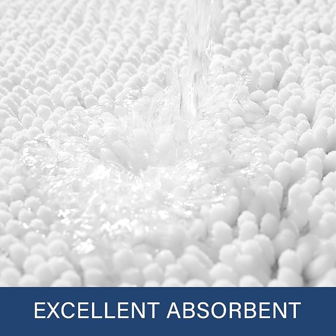 LOCHAS Luxury Bathroom Rug Shaggy Bath Mat 24 x 48 Inch, White | Washable Non Slip Bath Rugs for Bathroom Shower, Soft Plush Chenille Absorbent Carpets