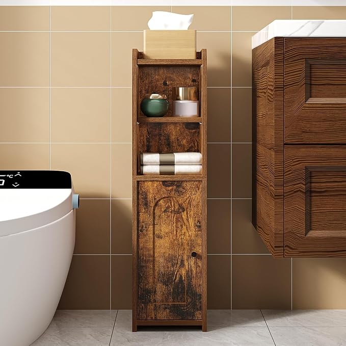 Hzuaneri Bathroom Storage Cabinet, Narrow Toilet Paper Cabinets with Doors | Small Corner Floor Cabinet with Doors and Adjustable Shelf, Bathroom Organizer for Small Spaces, Rustic Brown BC19701X