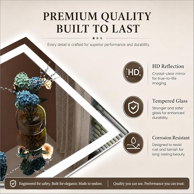 55x40 LED Lighted Bathroom Mirror for Vanity Wall | Front Light and Backlit, Anti-Fog, Memory, 3 Color, Tempered Glass, Dimmable, Rectangular, UL, Horizontal/ Vertical Mounted