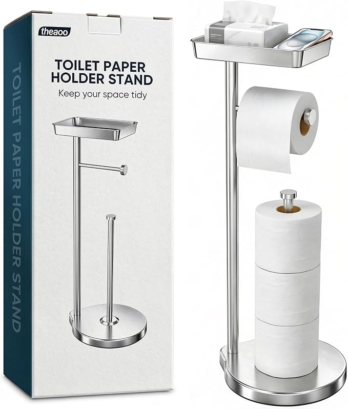 theaoo Toilet Paper Holder Stand with Shelf, Flushable Wipes Dispenser, Free Standing Toilet Tissue Roll Storage Rack Organizer for Bathroom (Silver, Free Standing - with Storage)