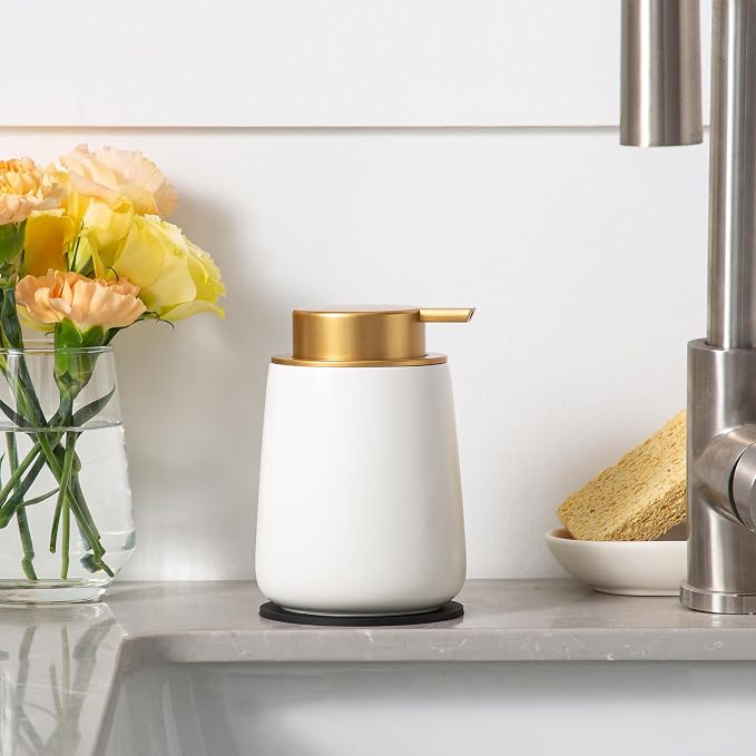 Enra Foaming Soap Dispenser, White Ceramic Hand Soap Dispenser Gold Pump | 12oz Ceramic Body with Wide-Mouth Refill Opening. Neutral Gray Finish Adds Style to Kitchens, Vanities and Countertops.