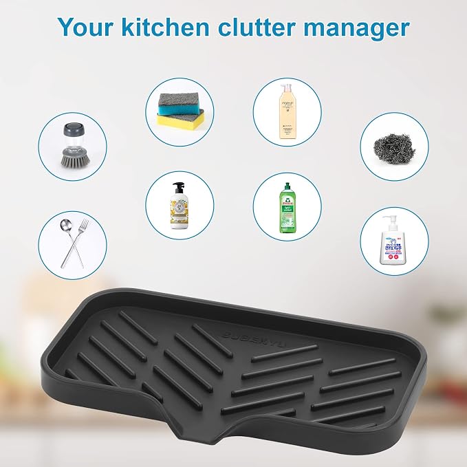 Silicone Kitchen Soap Tray, Sink Tray,Black, [Size: 9.5 x 5 inch] | Sponge Holder for Kitchen Counter Soap Bottles and Organizer with Drain Spout