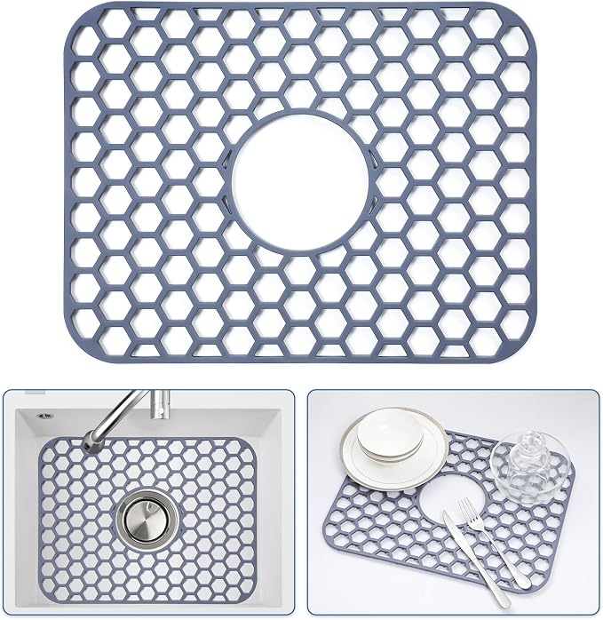 Bestjing Silicone Sink Protectors for Kitchen Sink -12" 13" 16" 18" 19" 24" 26" 28" 30", Non-Slip Heat Resistant Mat for Bottom of Farmhouse Porcelain Stainless Steel (16.2"x12.5" Center Drain, Gray)