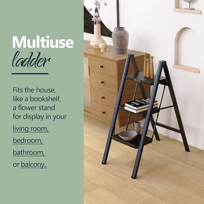 3 Step Foldable Step Stool, 330lbs Load, Black | Folded 36'' H x 2'' T; Net 9.9 lbs; Anti-Slip Feet Grip Wood, Tile, Carpet; Wide Pedals; For Kitchens, Closets.