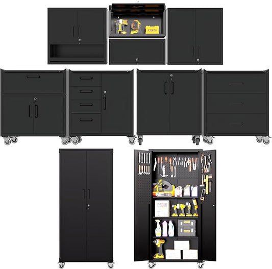 Garage Storage Cabinet System,Wall Cabinet & Locking Rolling Tool Cabinet with Doors and Adjustable Shelves