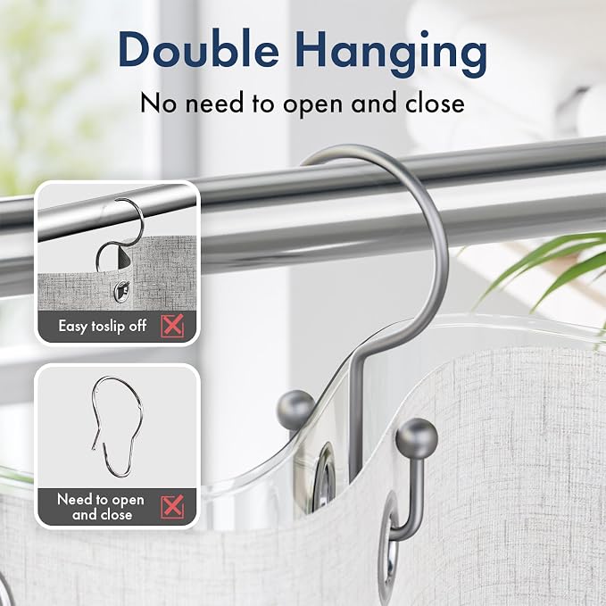 Bathway Shower Curtain Hooks Silver Shower Curtain Rings, 12 Pcs Double Hook Shower Curtain Hooks Rings Shower Curtain Hangers Rust Proof, Metal Shower Hooks for Bathroom Shower Curtain Rod