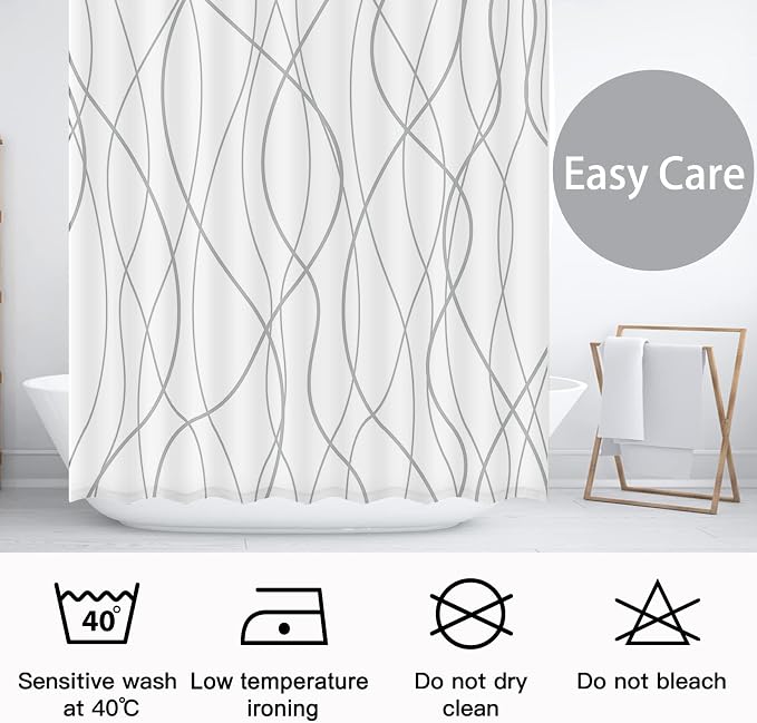Striped Shower Curtain for Bathroom, Grey White, 72" W x 84" L | with Hooks, Modern Hotel Style, Water Repellent, Washable, Weighted Hem