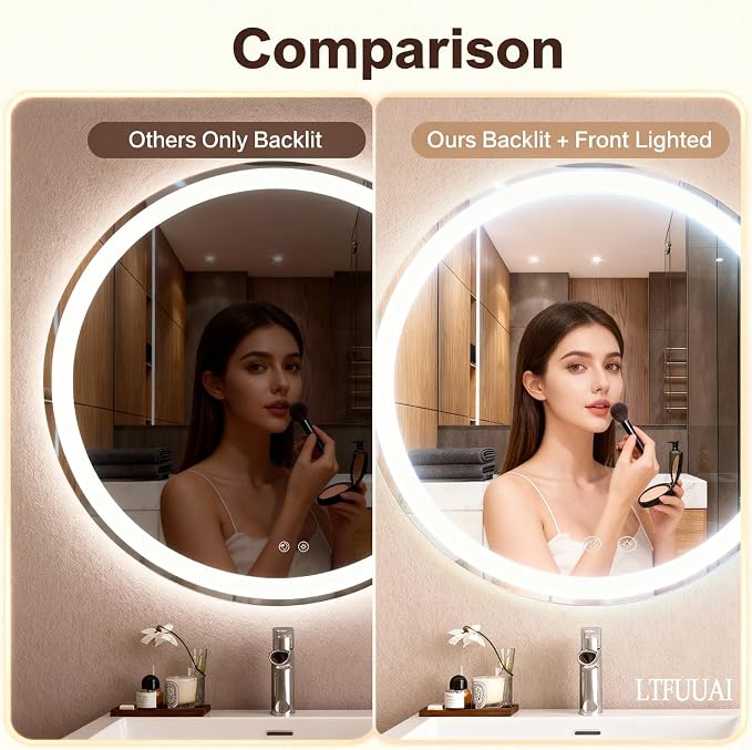 LTFUUAI 20" Round LED Bathroom Mirror with Lights, Front & Back Light | Lighted Bathroom Mirror, Touch 3-Color Stepless Dimming, Wall Mounted, Anti-Fog Shatterproof, UL Listed