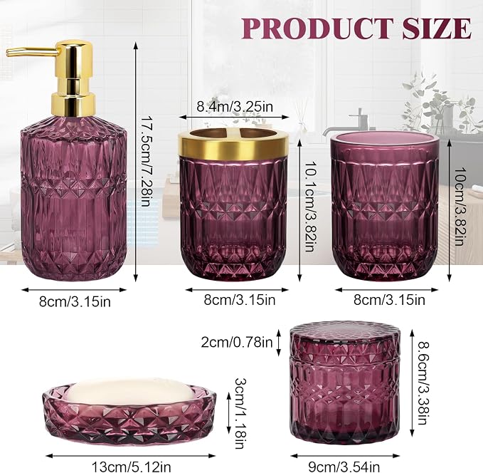 Bathroom Accessories Set, 5Pcs Bathroom Soap Dispenser Set, Glass Bathroom Accessories with Glass Soap Dispenser, Soap Dish, Toothbrush Holder, Tumbler, Cotton Swab Jar (Red)