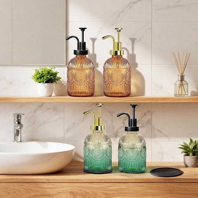 Amolliar 12 Oz Glass Soap Dispenser with Plastic Pump,Brown-Golden,2 Pack | Antique Rustic Hand Liquid Bottle for Bathroom/Kitchen, Vintage/Farmhouse/Boho Style, Pump Dispenser, Refillable