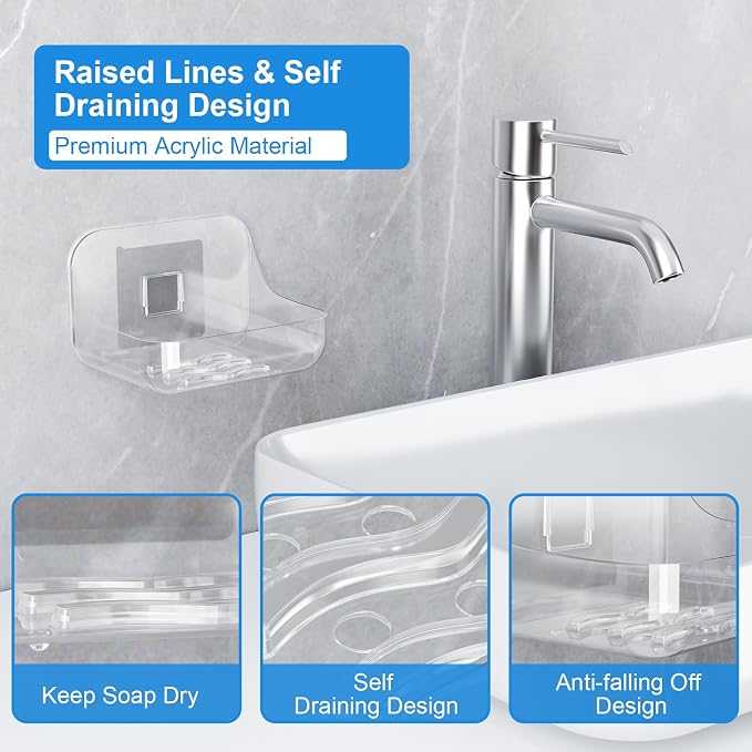 Acrylic Soap Dish, Clear Self Draining Soap Holder, No Drilling | No Tool, Universal and Aesthetics, Waterproof, 2 Pcs Plastic Soap Saver - Bathroom Kitchen Organizer
