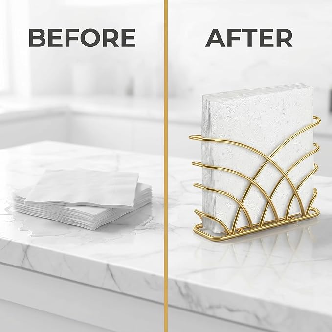 Napkin Holder for Table, Gold Iron Upright Paper Dispenser Caddy | Dinner Napkins, Lunch Napkins & Table Decor