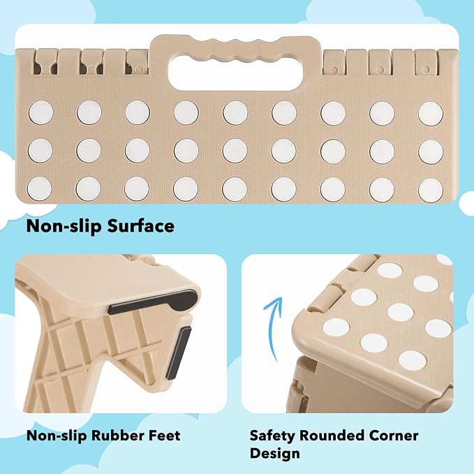 ACKO Folding Step Stool 9 Inch, Non-Slip Foldable Stools for Kids, Khaki | Heavy Duty Collapsible Foot Stool, Lightweight, Holds 300lb for Toddler/Adults Kitchen Bathroom Bedroom Outdoor, with Handle