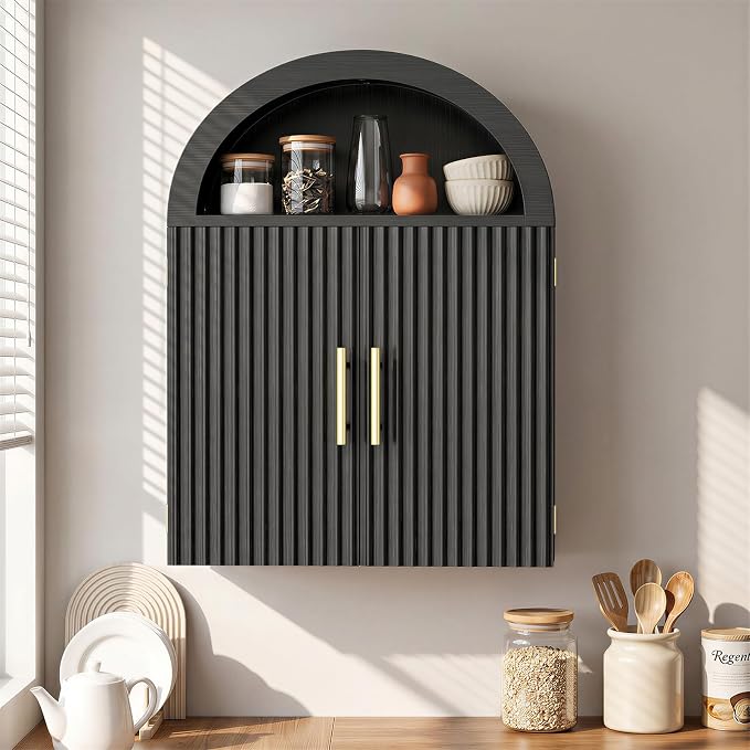 Kalrin Arched Wall Cabinet, Large Wood Bathroom Cabinet Wall Mounted Cupboard, Modern Floating Storage Cabinet with Door Adjustable Shelf, Wood Organizer Black