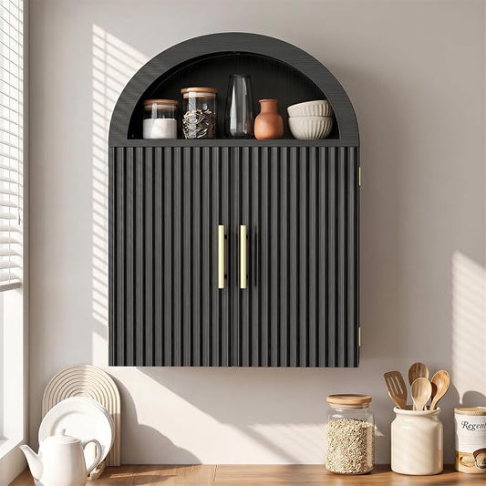Kalrin Arched Wall Cabinet, Large Wood Bathroom Cabinet Wall Mounted Cupboard, Modern Floating Storage Cabinet with Door Adjustable Shelf, Wood Organizer Black