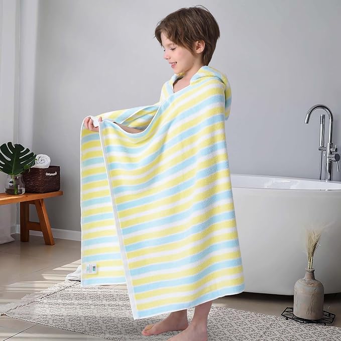 VOOVA & MOVAS Kids Swim Towel,3-10 Years,100% Cotton，Two-Tone Stripe | Easy To Carry, Rapid Drying & Strong Absorbency, for All Kinds Of Water Activities