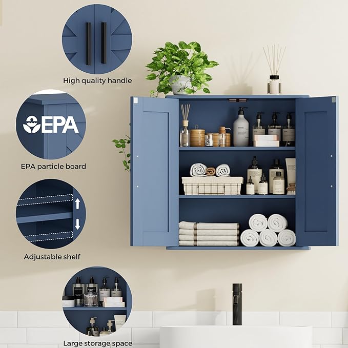Homleke Bathroom Wall Cabinet, Medicine Cabinet with Adjustable Shelves | 3-Tier Wall Mounted Over Toilet Storage with Barn Doors, for Bathroom, Kitchen, Entryway, Laundry Room, Blue, (7.9" D)