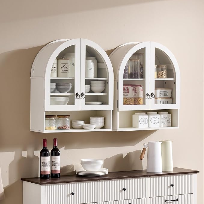 IFGET Bathroom Arched Wall Cabinet, 23.6'' Wide Medicine Cabinet with Adjustable Shelves & Glass Doors, Over The Toilet Storage Wall Mount Cabinet for Laundry Room,Kitchen & Living Room, Antique White