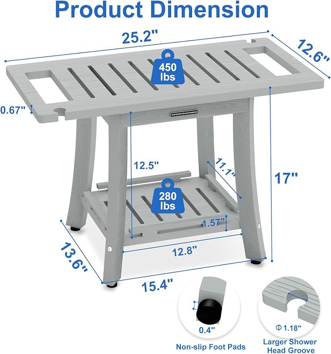 KingPavonini HDPS Shower Bench for Inside Shower to Sit on, 25.2'', Grey | Waterproof Shower Stool for Shaving Legs, 450 lb, Bathroom Chair Seat with Storage Shelf, for Tub/Outdoor Use, Quick Assembly