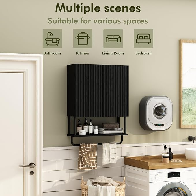 RUSTOWN Fluted Bathroom Wall Cabinet with 2 Doors, 3-Tier Medicine Cabinet | Modern Farmhouse Wall Mounted Cabinets, Over The Toilet Storage Cabinet, Adjustable Shelf and Towel Bar, Medium