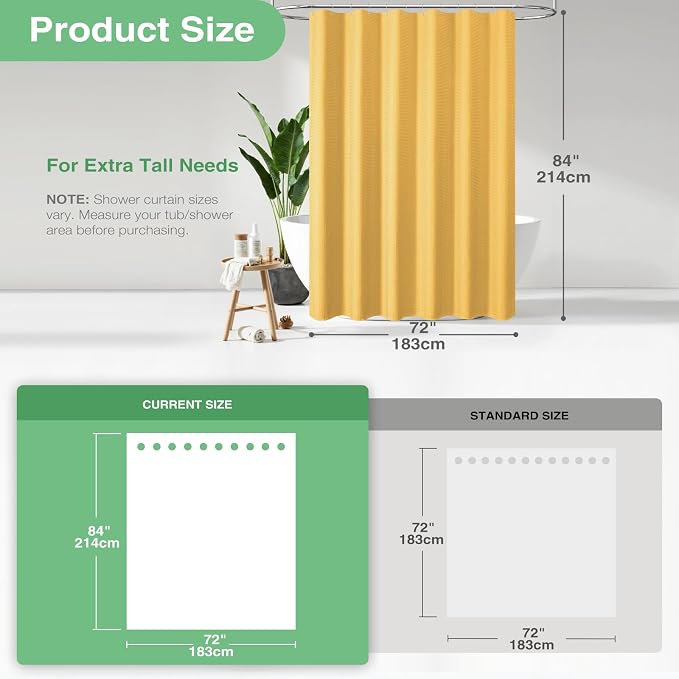 Extra Long Waffle Shower Curtain 256 GSM Fabric 72"x84" Gold | 84 Inch Long, Thick Polyester Cloth, Weighted Hem, Water Repellent, Washable, Tall Hotel Bathroom Shower Curtain Set 12 Hooks