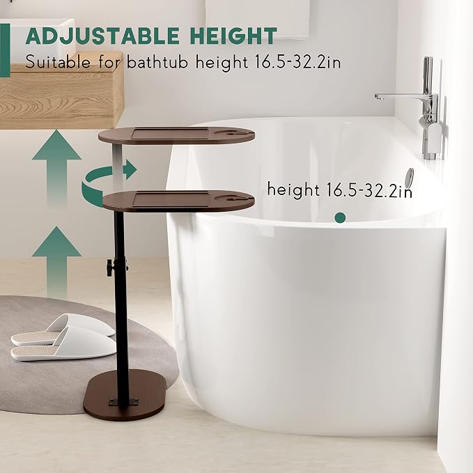 Bamboo Bathtub Tray Table with Adjustable Height and Freestanding | Bath Table Caddy Side Table for Tub Against Wall, Tub Shelf with Wine Glass Phone Holder - Patent Protected (Brown)