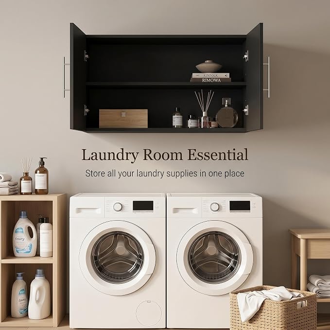 Wall Cabinet, 36" W x 12" D x 20" H Wooden Wall Mounted Storage Cabinet, Double Door Cabinet with Soft Close and Metal Handle and Adjustable Shelf, for Kitchen, Garage, Laundry, Bathroom, Black