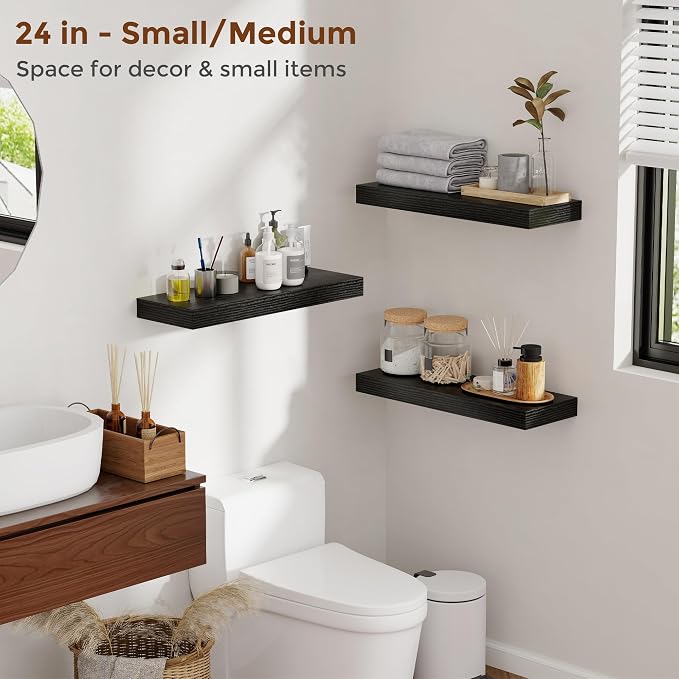 Heimlove 12 Inch Floating Shelves for Wall Black Shelves Set of 2,Wall Mounted Rustic Wood 8 Inch Deep Floating Shelf with Invisible Brackets for Bedroom Kitchen Living Room