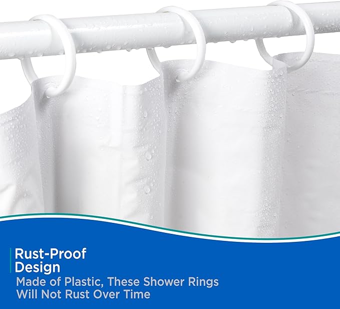 Kenney KN61217 Rust-Proof Smooth Plastic Shower Curtain Rings for Shower Curtain and Standard Shower Curtain Rod, Bathroom Use, Easy to Snap Closure, Easy to Install, Set of 12, White