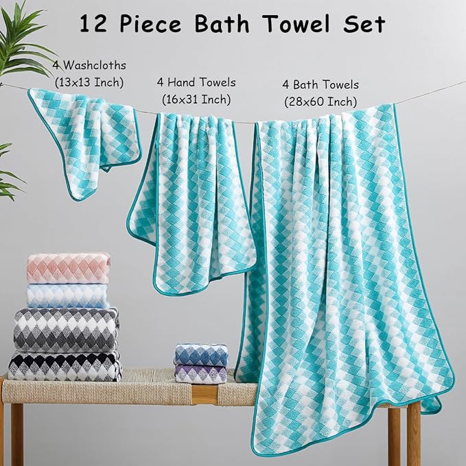 12 Pcs Aqua White Diamond Towel Set-4 Bath Towels,4 Hand Towels,4 Washcloths Soft Polyester Towels with Loop Absorbent Shower Towel Quick Dry Beach Chair Towel Family Towels for Bathroom Spa Gym Pool