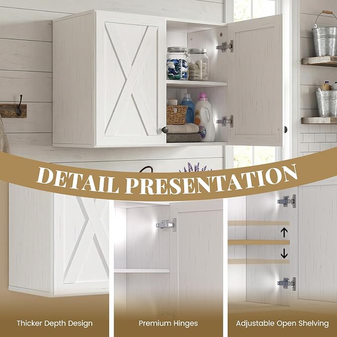 48" W Laundry Room Wall Cabinets, Wall Mounted Storage Cabinet, Farmhouse Wall Cabinet with Adjustable Shelf, Farmhouse Medicine Cabinet, Floating Cabinet for Bathroom, Kitchen, Off-White