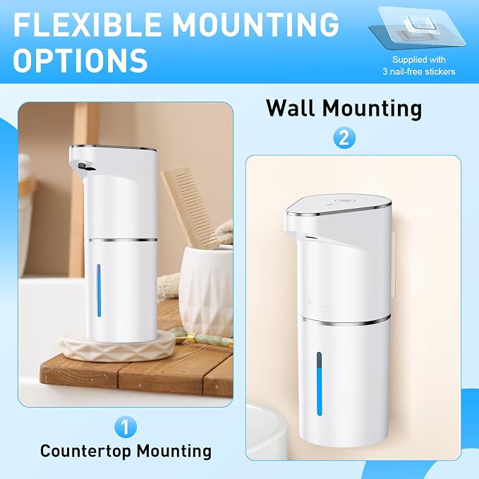 Fantictas Automatic Foam Soap Dispenser, 3 Levels for Kitchen and Bath | For Foaming Soap, 0.25s Foam Output, Type-C Charging, 90-day use, Wall Mountable, IPX5 Waterproof, 350ML, White Foam