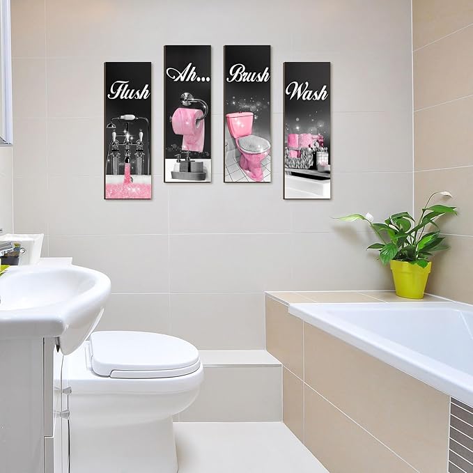 Honoson 4 Pcs Pink and Black Funny Bathroom Wall Art Decor Farmhouse Bathroom Pictures Wall Decor Wash Brush Flush Ah Wood Hanging Sign for Home Spa Laundry, 11.8 x 3.9 Inch