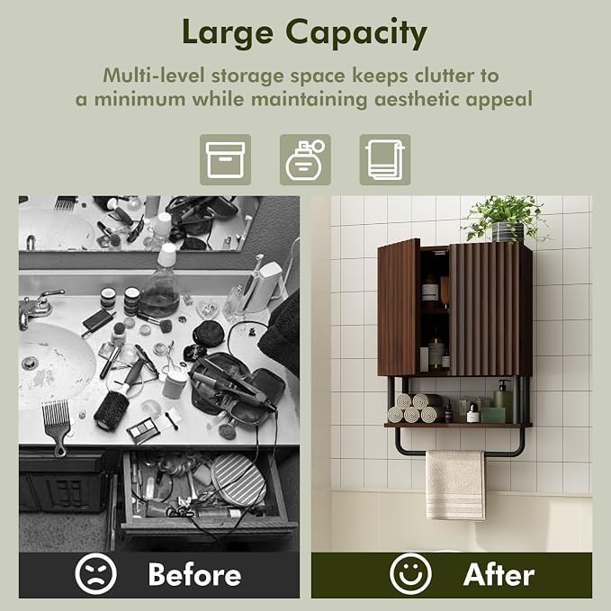 RUSTOWN Fluted Bathroom Wall Cabinet with 2 Doors, 3-Tier Medicine Cabinet | Modern Farmhouse Wall Mounted Cabinets, Over The Toilet Storage Cabinet, Adjustable Shelf and Towel Bar, Small
