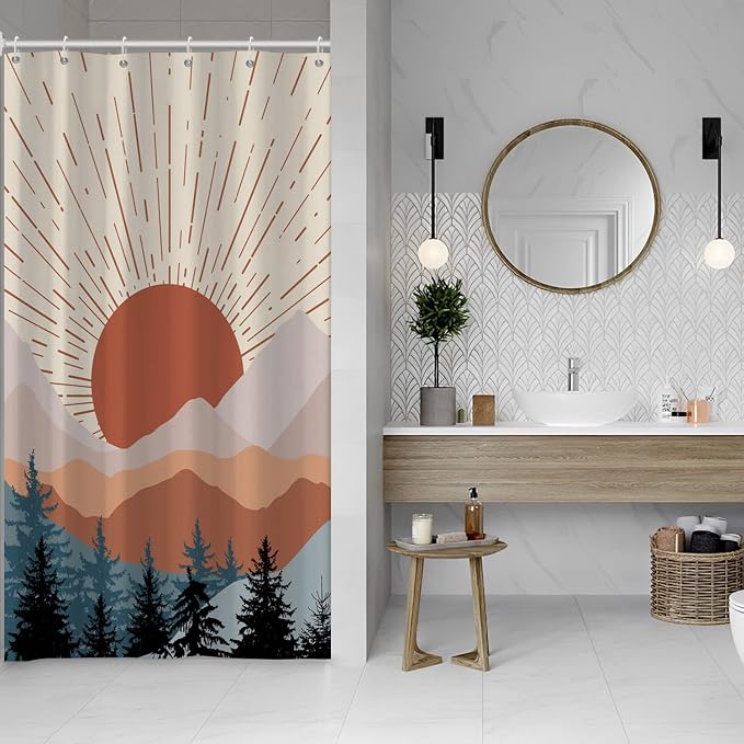 Stall Shower Curtain, Mid Century Boho Sunrise Small Shower Curtain Waterproof Abstract Terracotta Mountain Forest Narrow Shower Curtain Set with Hooks, 48x72 Inch