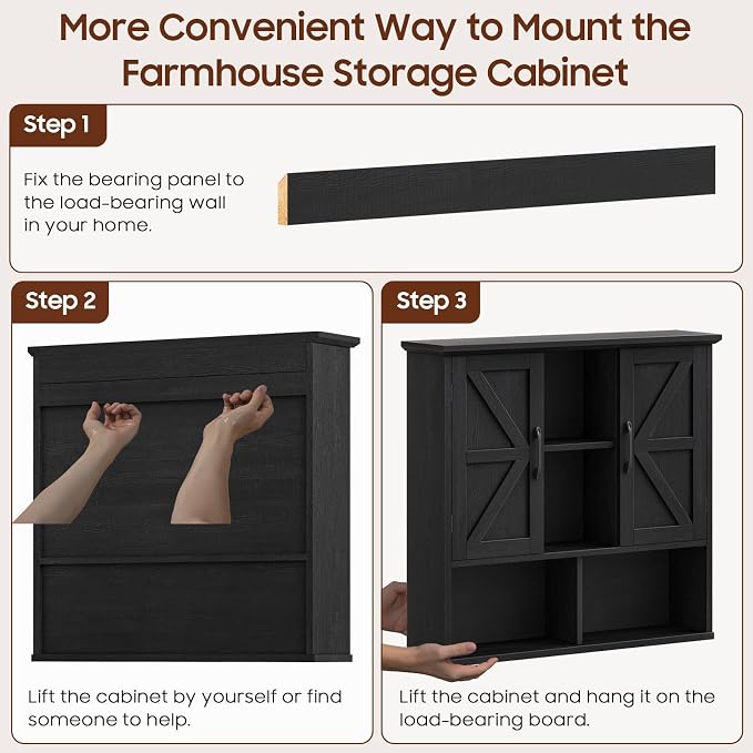 Vabches Bathroom Wall Cabinet, Farmhouse Medicine Cabinet with Double Barn Door and Adjustable Shelves, Wooden Vintage Storage Cabinet Wall Mounted for Bathroom, Kitchen Dining, Rustic Black